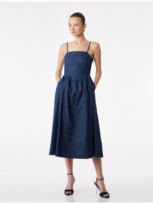 Koton Regular Fit Cepli Askılı Midi Denim Elbise
