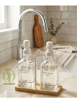Okyanus Home Bambu Tepsili Ikili Cam Sıvı Sabunluk ve Deterjanlık 500 ml