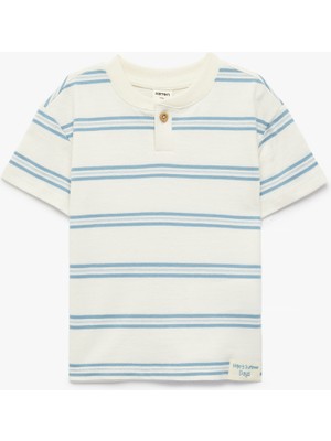 Koton Pamuklu Düğme Detaylı Kısa Kollu Bisiklet Yaka Çizgili Tişört