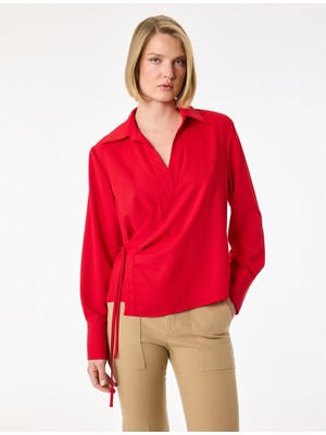 Koton Bağlama Detaylı Uzun Kollu Kruvaze Yaka Gömlek