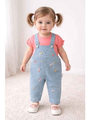 Minilkabebe Denim Çiçekli Ayarlanabilir Askılı Kız Salopet 6-24 Ay