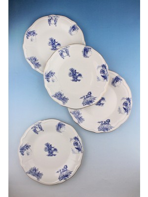 Bursa Porselen Dekor Mavi Ingiliz Altın Yaldızlı 4 Parça Porselen Servis Tabağı