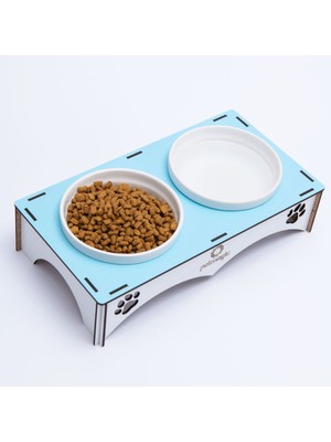 Petmagic Ahşap, Beyaz Seramik Kaseli Kedi, Mini Irk Köpek Mama Kabı, Açık Mavi