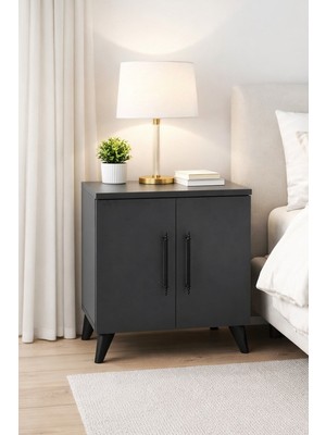 Reyo Enda Home Lumen 2 Kapaklı Raflı Klasik Komodin Antrasit