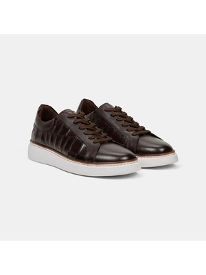 Desa Erkek Kahve Bağcıklı Kroko Baskılı Deri Sneaker