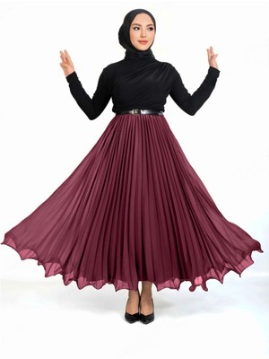 Modamorfo Kemerli Volanlı Pliseli Şifon Etek   -Bordo