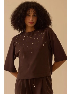 Seçil Kadın Metal Halka Detaylı Yarım Kol Sweatshirt - Kahverengi