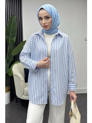 Tesettür Diyarı Kadın Oversize Çizgili Cepli Gömlek-Mavi
