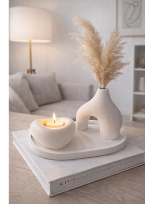 Dtm Home    3’lü Dekoratif Mumluk ve Vazo Seti – Iskandinav Minimal Tepsili Salon & Sehpa Dekoru