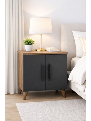 Reyo Enda Home Lumen 2 Kapaklı Raflı Klasik Komodin Antrasit-Atlantik Çam