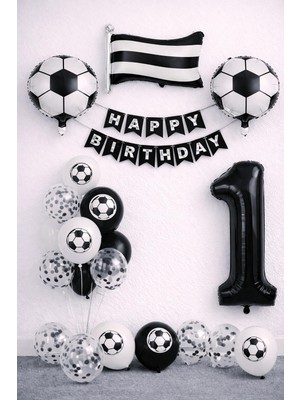 Patladı Gitti Siyah Beyaz Futbol Temalı 1 Yaş Doğum Günü Balon Seti