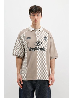 Vamos Polo Yaka Baskılı Oversize Tişört Vizon