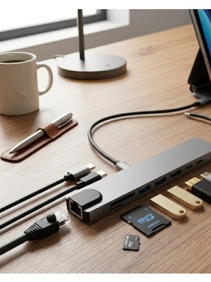 MK Beykoz Type C Çoklu Port Hub 8 Port USB HDMI Sd Kart Ethernet Adaptör - KE002Q-77XT19