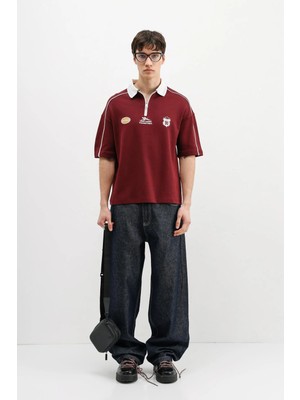 Vamos Fermuarlı Yaka Baskılı Oversize Tişört Bordo