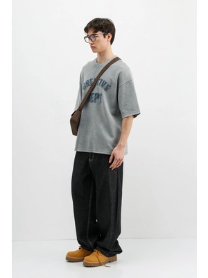 Vamos Yıkamalı Yazı Baskılı Oversize Tişört Gri