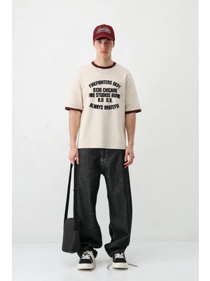 Vamos Baskılı Bisiklet Yaka Oversize Tişört Taş