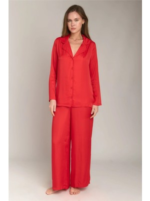 Lovely Things Geraldıne Saten Uzun Kol Gömlek Pantolon Set Pijama Takımı - Kırmızı