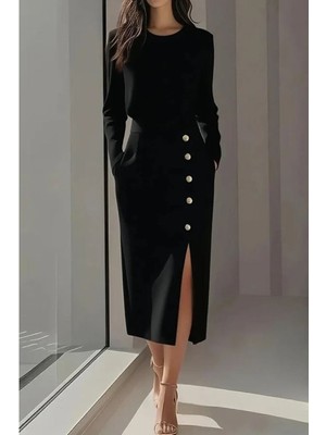 byasafkids Kadın Uzun Kollu Bisiklet Yakalı Yandan Yırtmaçlı Düğmeli Midi Ithal Krep Elbise