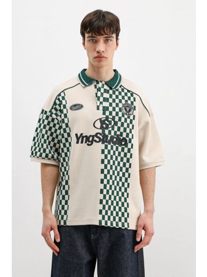 Vamos Polo Yaka Baskılı Oversize Tişört Taş