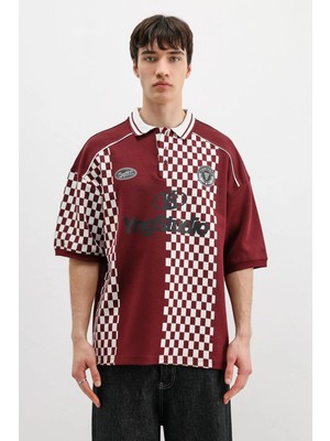 Vamos Polo Yaka Baskılı Oversize Tişört Bordo