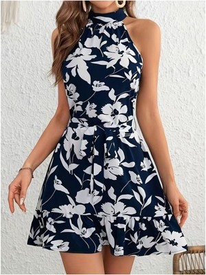 byasafkids Kadın Omuzlardan Açık Balıkçı Yakalı Kuşaklı Desenli Kısa Süprem Elbise