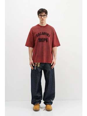 Vamos Yıkamalı Yazı Baskılı Oversize Tişört Bordo