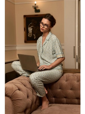 Lovely Things Edna Dokuma Kısa Kol Gömlek Pantolon Set Pijama Takımı - Çağla Yeşili