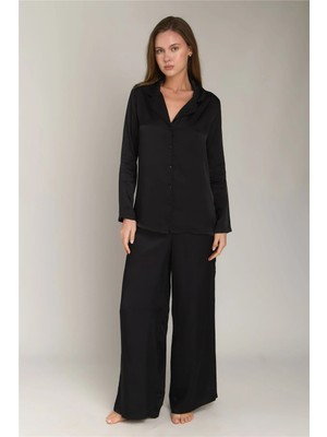 Lovely Things Geraldıne Saten Uzun Kol Gömlek Pantolon Set Pijama Takımı - Siyah