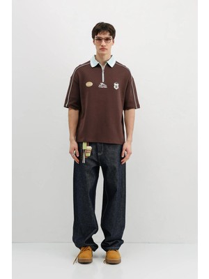 Vamos Fermuarlı Yaka Baskılı Oversize Tişört Kahve