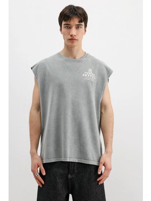 Vamos Baskılı Kolsuz Oversize Tişört Gri