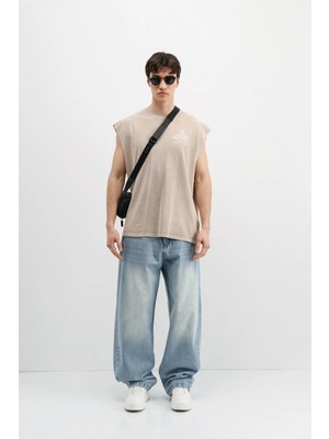 Vamos Baskılı Kolsuz Oversize Tişört Bej