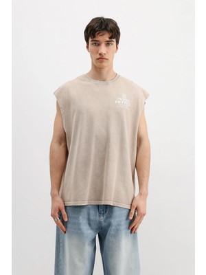 Vamos Baskılı Kolsuz Oversize Tişört Bej