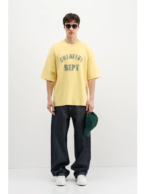 Vamos Yıkamalı Yazı Baskılı Oversize Tişört Sarı