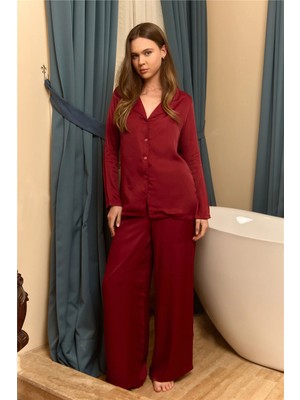 Lovely Things Darlene Saten Uzun Kol Gömlek Pantolon Set Pijama Takımı - Bordo