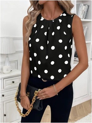 byasafkids Kadın Askılı Yakası Büzgülü Puantiyeli Atlas Bluz