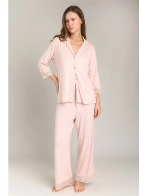 Lovely Things Sophıa Örme 3/4 Kol Gömlek Pantolon Set Pijama Takımı - Pembe