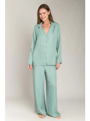 Lovely Things Darlene Saten Uzun Kol Gömlek Pantolon Set Pijama Takımı - Çağla Yeşili