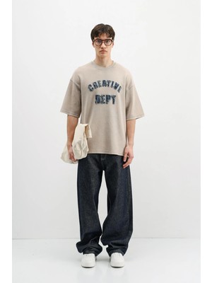 Vamos Yıkamalı Yazı Baskılı Oversize Tişört Bej