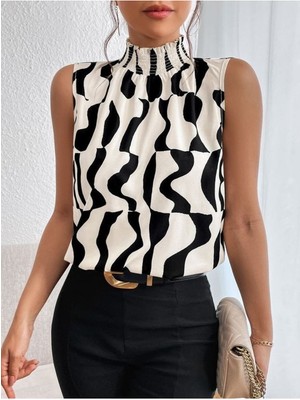 byasafkids Kadın Kolsuz Balıkçı Yaka Desenli Süprem Bluz