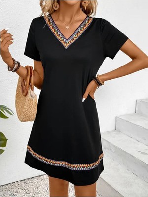 byasafkids Kadın Kısa Kollu V Yakalı Etnik Desen Şerit Detaylı Viskon Elbise