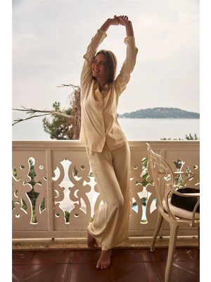 Lovely Things Darlene Saten Uzun Kol Gömlek Pantolon Set Pijama Takımı - Ekru
