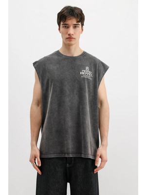 Vamos Baskılı Kolsuz Oversize Tişört Siyah