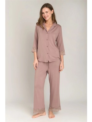 Lovely Things Sophıa Örme 3/4 Kol Gömlek Pantolon Set Pijama Takımı - Kahverengi