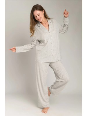 Lovely Things Nına Örme Uzun Kol Gömlek Pantolon Set Pijama Takımı - Gri Melange