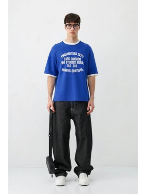 Vamos Baskılı Bisiklet Yaka Oversize Tişört Saks