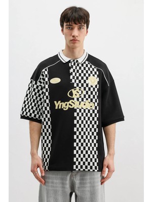 Vamos Polo Yaka Baskılı Oversize Tişört Siyah