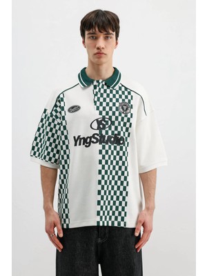 Vamos Polo Yaka Baskılı Oversize Tişört Ekru