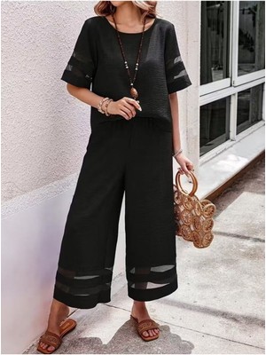 byasafkids Kadın Kısa Kollu Bisiklet Yakalı Tül Şerit Detaylı Bluz ve Pantolon Ikili Takım