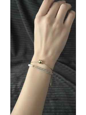 Solène Pearl Altın Kaplama Inci- Gold  Ikili Bileklik