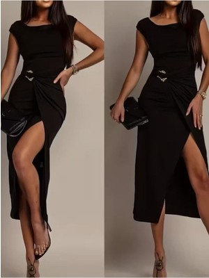 byasafkids Kadın Kısa Kollu Geometrik Yakalı Önden Açık Modal Mini Elbise